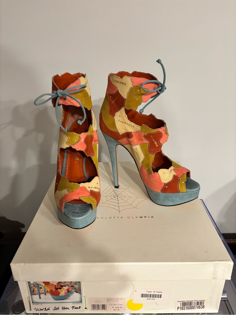 NIB Charlotte Olympia RARE World at Her Feet Map Patch Platform Heels 37.5